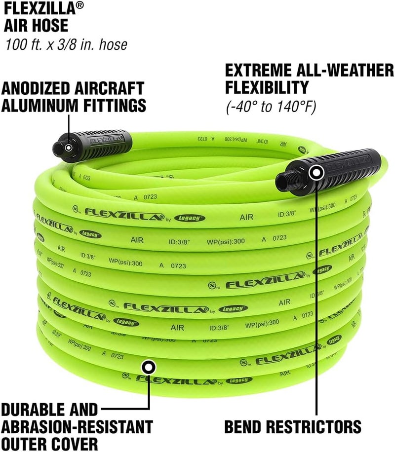 Flexzilla Legacy Manufacturing Air Hose, 3/8 in. x 100 ft, 1/4 in. MNPT Fittings, Heavy Duty, Lightweight, Hybrid, ZillaGreen - HFZ38100YW2 - Image 3