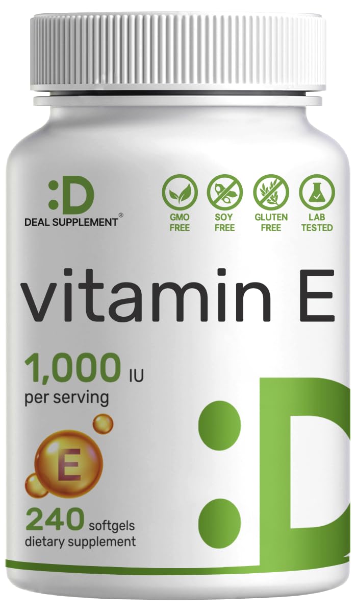 DEAL SUPPLEMENT Vitamin E Supplements 1000 IU Per Serving 240 Softgels Extra Strength Antioxidant Protection Bioavailable Stable Form Skin Heart Brain Immune Support NonGMO
