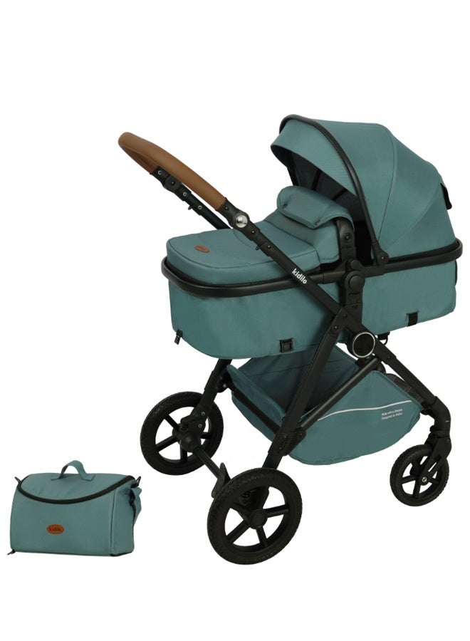 كيديليو عربة أطفال 3 في 1، مقصورة سفر متعددة الوظائف للمواليد الجدد، عربة أطفال قابلة للطي بيد واحدة للرضع، عربة أطفال مرتفعة للأطفال الصغار بعجلات مطاطية، طبق طعام، حصيرة تبريد، ناموسية، وغيرها من الملحقات - Image 1