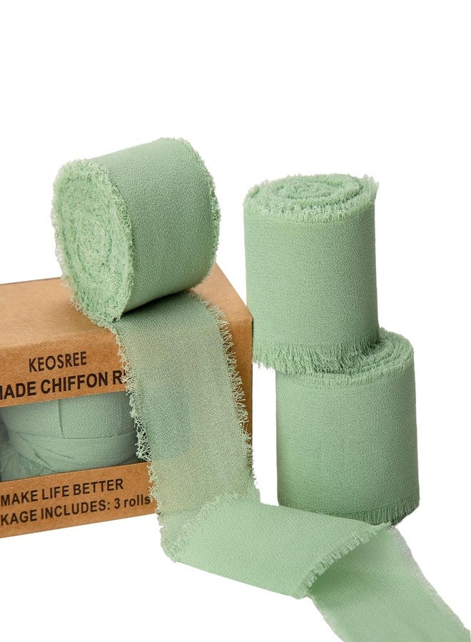 KEOSREE 3 Rolls Sage Green Handmade Chiffon Ribbon,1.5" x 21Yd Frayed Fringe Silk Ribbons (3 Rolls *7Yd) for Gifts Wrapping, Wedding Invitations, Bridal Bouquets, Decorations - Image 1