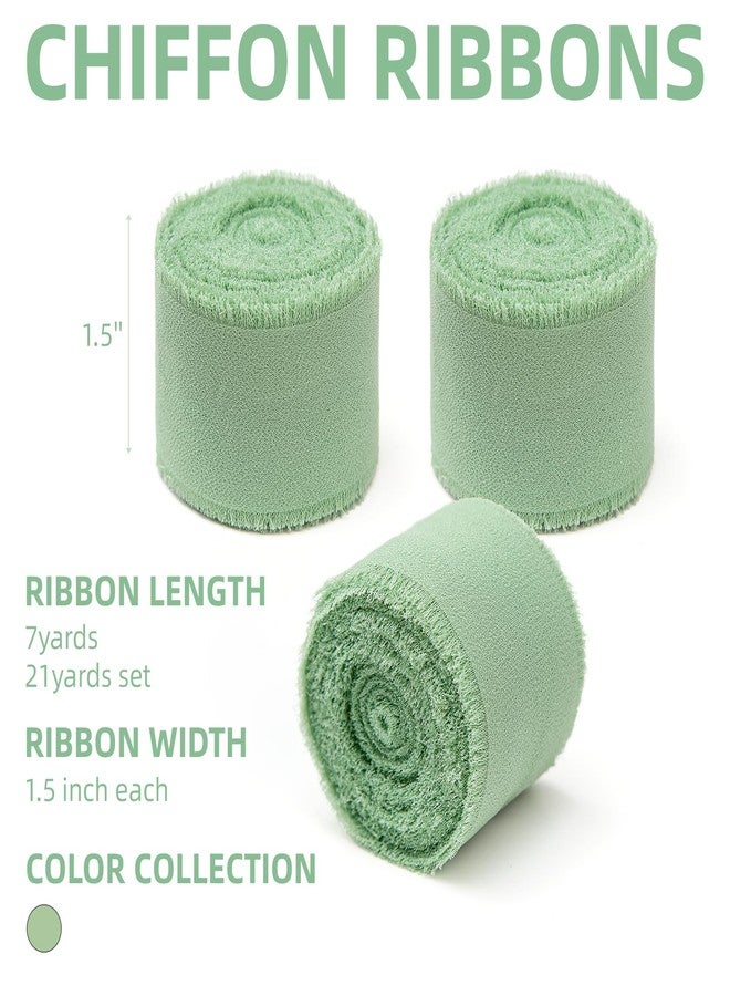 KEOSREE 3 Rolls Sage Green Handmade Chiffon Ribbon,1.5" x 21Yd Frayed Fringe Silk Ribbons (3 Rolls *7Yd) for Gifts Wrapping, Wedding Invitations, Bridal Bouquets, Decorations - Image 2