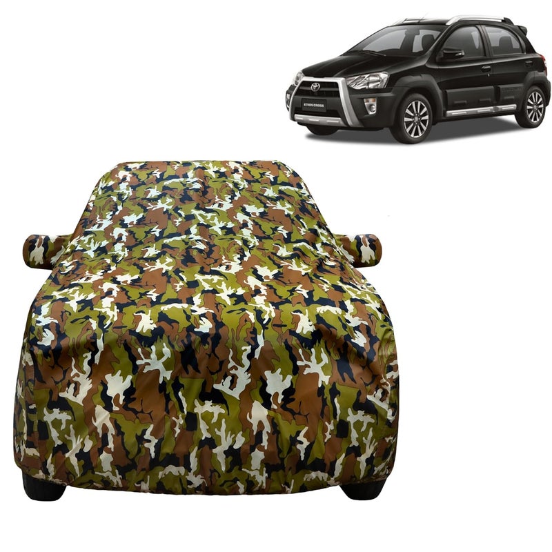 VYAS 100% Waterproof Car Body Cover for Toyota Etios Cross (2014-2020) with Mirror Pocket Triple Stitched Belt & Buckle Fitting Dual Elastic, Durable Material Jungle Print Camouflage Design - Image 1