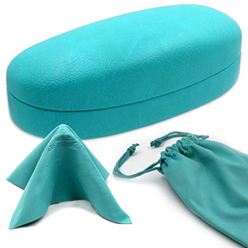 MyEyeglassCase - Hard Sunglasses Case in Turquoise Faux Leather - Large Eyeglass Hard Shell with Microfiber Pouch & Cloth - Glasses Holder Case for Medium to Large Frames Men and Women (AS113 Teal Z) - Image 1