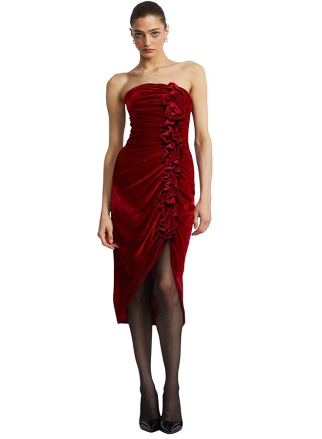 BCBGMAXAZARIA Strapless Velvet Ruffle Dress - Image 1