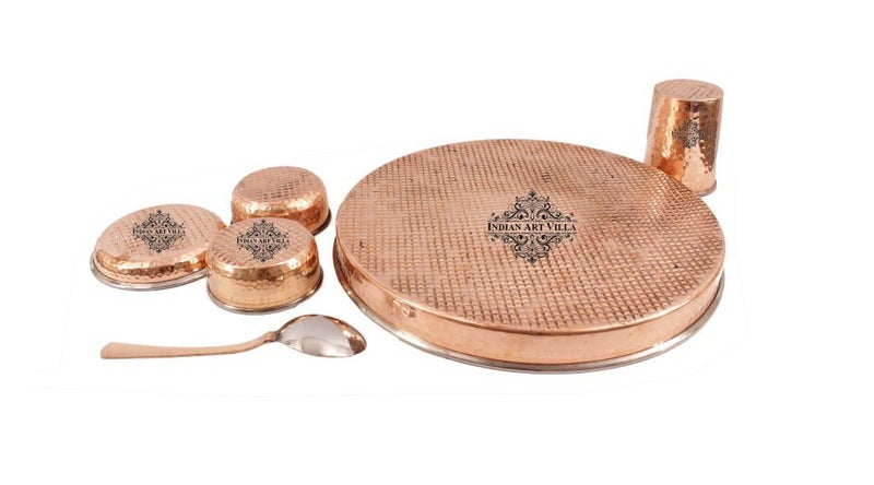 Indian Art Villa Steel Copper Hammered Design 6 Pieces Dinner Set/Thali Set of 1 Thali, 1 Glass, 1 Spoon, 1 Small Plate & 2 Bowls, Dinnerware, Tableware Or Crockery - Image 3