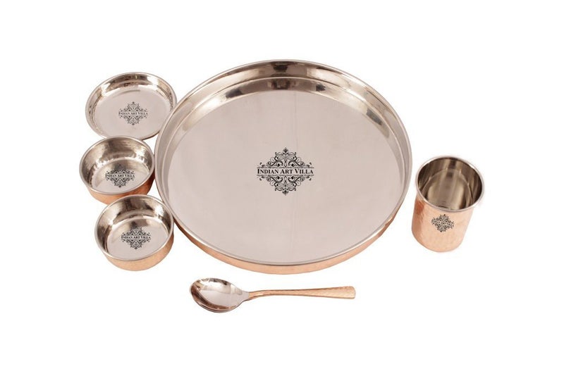 Indian Art Villa Steel Copper Hammered Design 6 Pieces Dinner Set/Thali Set of 1 Thali, 1 Glass, 1 Spoon, 1 Small Plate & 2 Bowls, Dinnerware, Tableware Or Crockery - Image 2