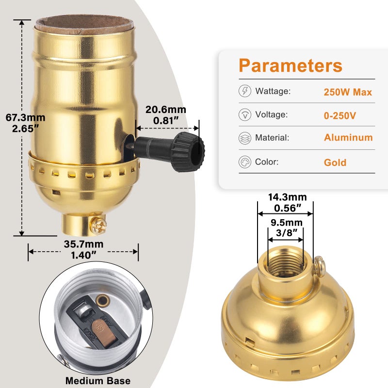 DiCUNO UL Listed 3-Way Lamp Socket Replacement, E26 Standard Threaded Base Light Socket, Turn Switch Knob for Low-Medium-High Light Settings, Table, Floor Lamp Repair Kit, 2-Pack, (Gold) - Image 2