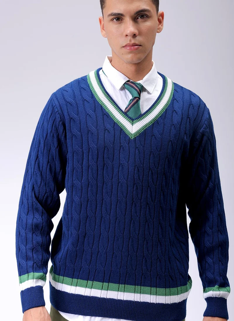 The Indian Garage Co Men Relaxed Fit Textured V-Neck Sweater