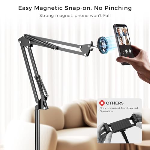 LenTok Magnetic Bed Phone Holder for Laying Down, Bedside Floor Stand with Adjustable Arm for iPhone, Headboard Phone Mount for Reading Watch Movies - Image 3