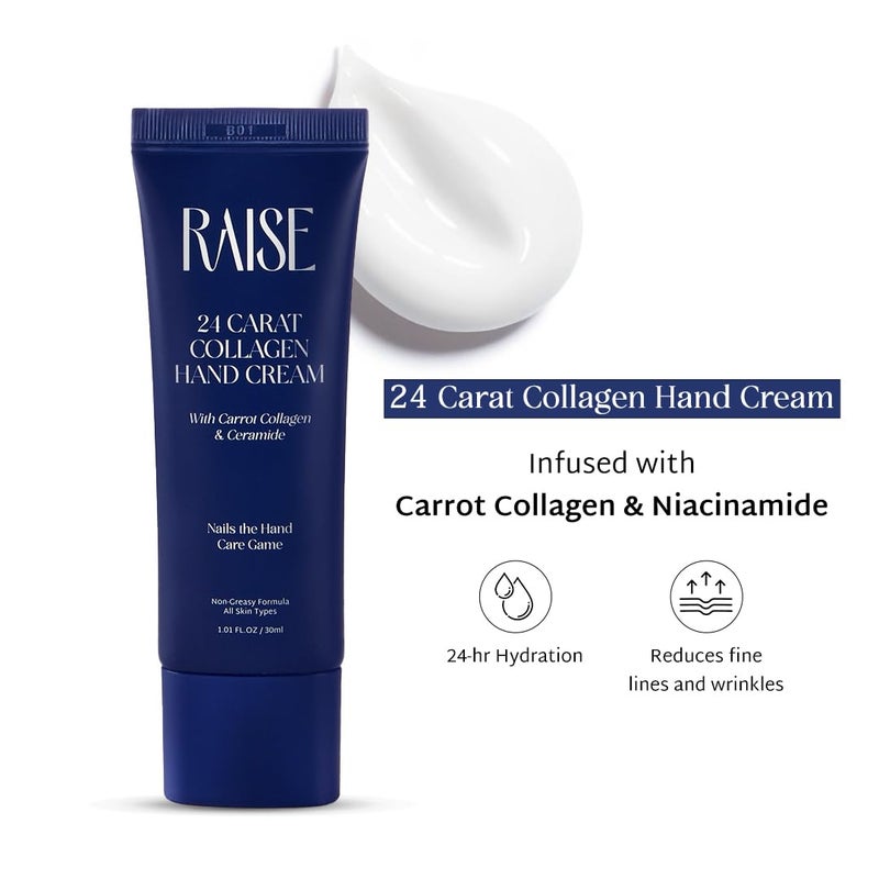 Raise 24 Carat Collagen Hand Cream for All Skin Types Smoothens Fine Lines Wrinkles Infused with Carrot Collagen Niacinamide Ceramides Hydration Repair Nourishment 30ml - Image 3