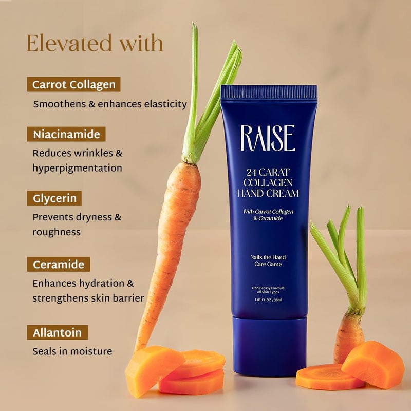 Raise 24 Carat Collagen Hand Cream for All Skin Types Smoothens Fine Lines Wrinkles Infused with Carrot Collagen Niacinamide Ceramides Hydration Repair Nourishment 30ml - Image 5