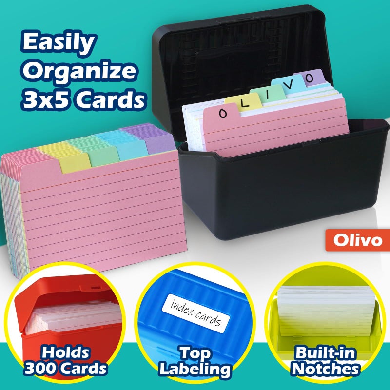 Olivo 3x5 Index Card Holder Box with 100 Cards Dividers Tabs 3"x 5", Teal - Image 3