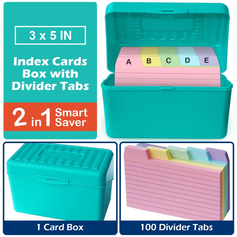 Olivo 3x5 Index Card Holder Box with 100 Cards Dividers Tabs 3"x 5", Teal - Image 2