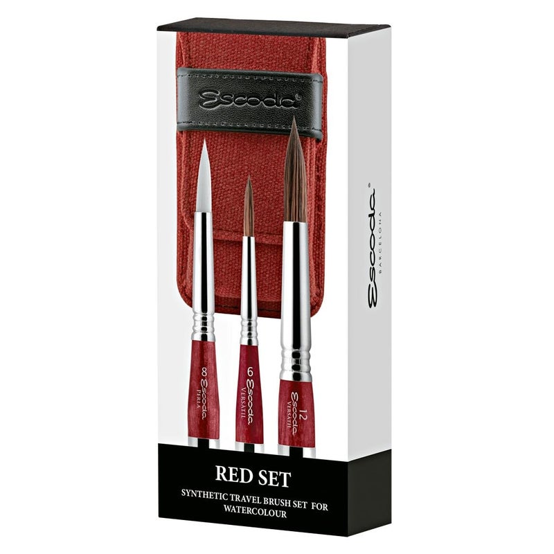 Escoda | Watercolour | Red Travel Set | Size 6,8,12 | 3 Brushes | Synthetic Kolinsky + White Toray | Round Pointed - Image 1
