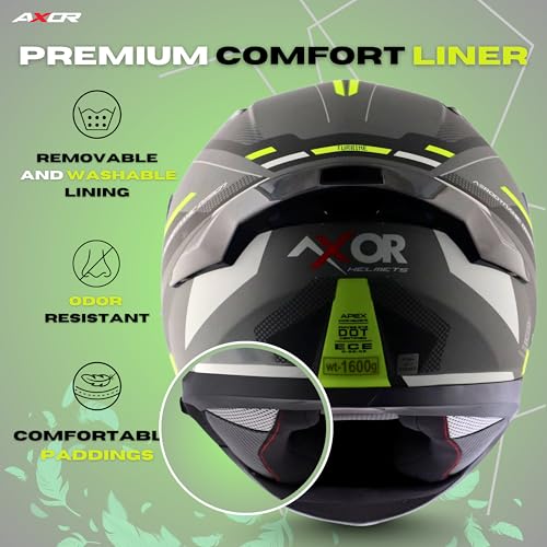 Axor Apex Turbine ISI ECE DOT Certified Full Face Dual Visor Helmet for Men and Women with Pinlock Fitted Outer Clear Visor and Inner Smoke Sun Visor Black Neon Grey Helmet-M - Image 3