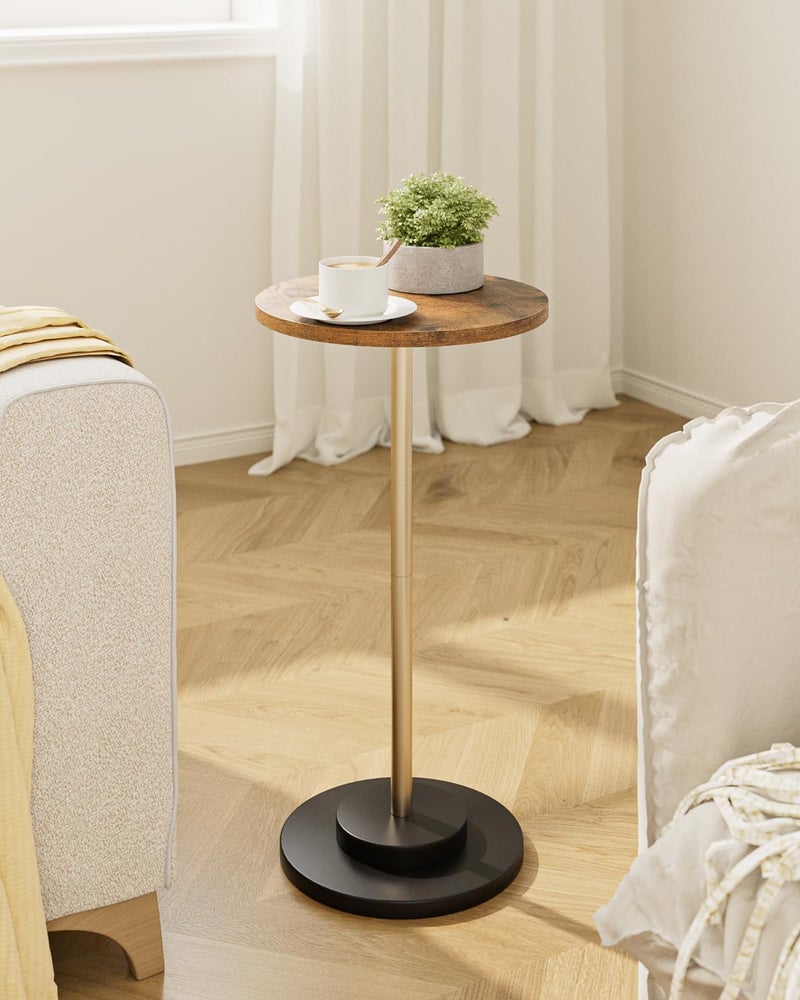 Masupu Drink Table Round Side Table for Small Spaces Pedestal Small End Table with Metal Base for Living Room Bedroom Bathroom Rustic Brown