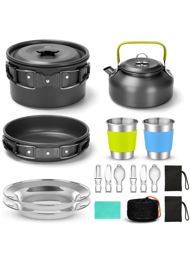 15 قطعة من أدوات الطبخ للتخييم، غير عصا خفيفة الوزن وعاء مجموعة مع كؤوس من الفولاذ المقاوم للصدأ الشوك سكاكين ملعقة للتخييم الظهر التعبئة في الهواء الطلق النزهة - Image 1