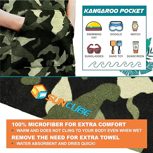 Suncube SUN CUBE Kids Changing Robe Surf Poncho, Hooded Beach Towel for Toddler Bath Pool, Microfiber Quick Dry Wearable Poncho With Hood, Swim Cover for Boys Girls 3-7 Years, Camo Green - Image 3