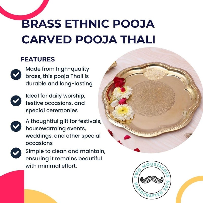 Two Moustaches 11 Inches Ethnic Carved Brass Puja Thali Traditional Pooja Aarti Thali for Home Temple Brass Pooja Thali Gifts for Puja Ceremony Housewarming Gifts Pooja Plate Golden Pack of 1 - Image 5