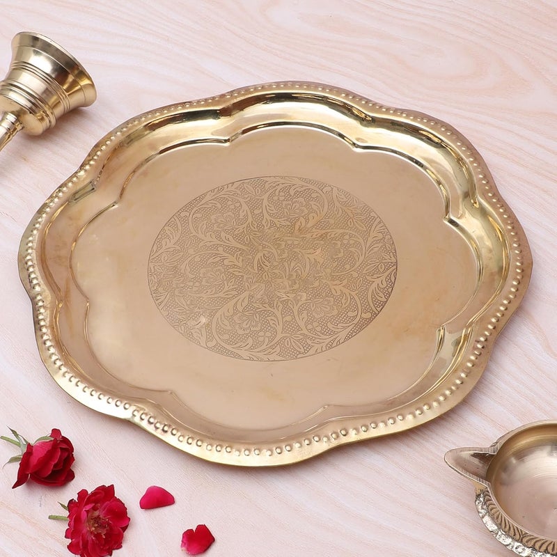 Two Moustaches 11 Inches Ethnic Carved Brass Puja Thali Traditional Pooja Aarti Thali for Home Temple Brass Pooja Thali Gifts for Puja Ceremony Housewarming Gifts Pooja Plate Golden Pack of 1 - Image 4
