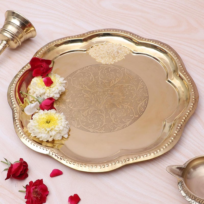 Two Moustaches 11 Inches Ethnic Carved Brass Puja Thali Traditional Pooja Aarti Thali for Home Temple Brass Pooja Thali Gifts for Puja Ceremony Housewarming Gifts Pooja Plate Golden Pack of 1 - Image 1