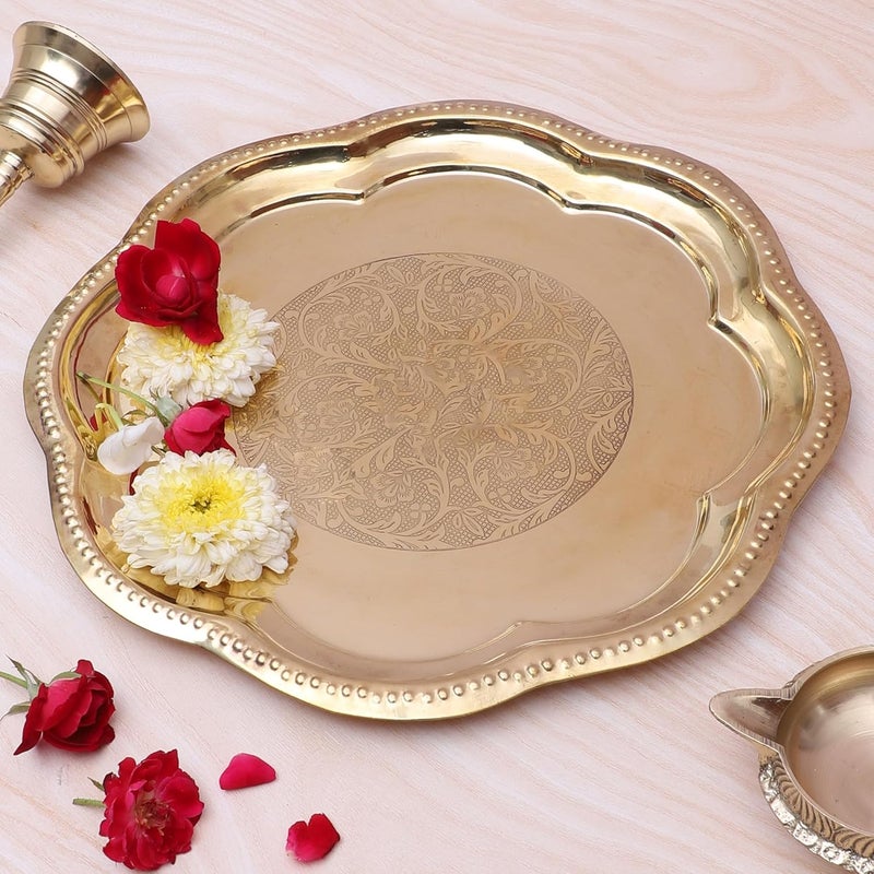 Two Moustaches 11 Inches Ethnic Carved Brass Puja Thali Traditional Pooja Aarti Thali for Home Temple Brass Pooja Thali Gifts for Puja Ceremony Housewarming Gifts Pooja Plate Golden Pack of 1 - Image 3