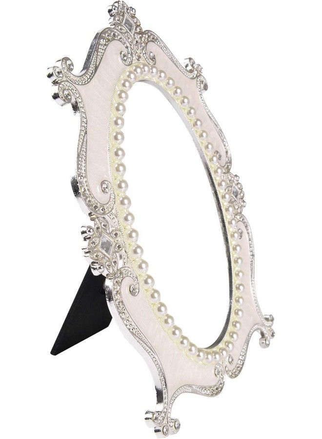 Nerien Makeup Mirror Rotation Tabletop Vanity Mirror Cosmetic Desktop Mirror With Stand Pearl Floral Frame Metal Vintage Oval Mirrors Desk Countertop Dressing For Home Bedroom Decorative Whites - Image 4