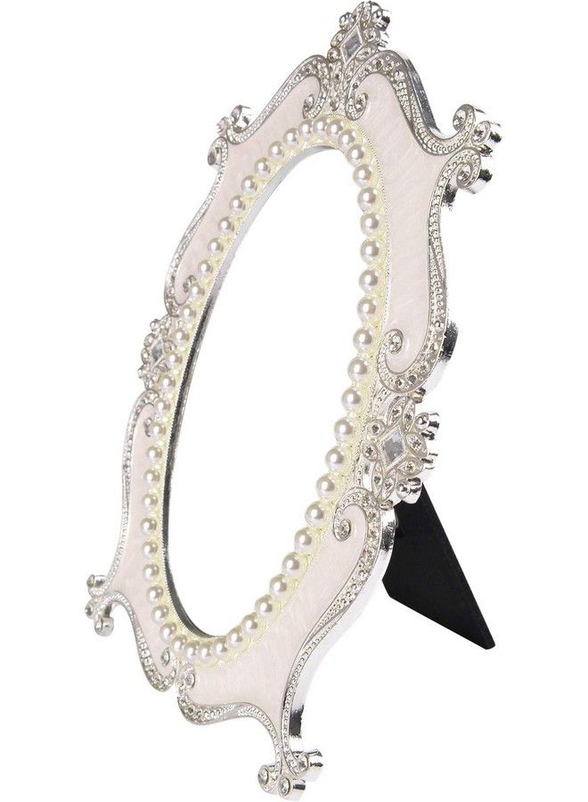 Nerien Makeup Mirror Rotation Tabletop Vanity Mirror Cosmetic Desktop Mirror With Stand Pearl Floral Frame Metal Vintage Oval Mirrors Desk Countertop Dressing For Home Bedroom Decorative Whites - Image 3