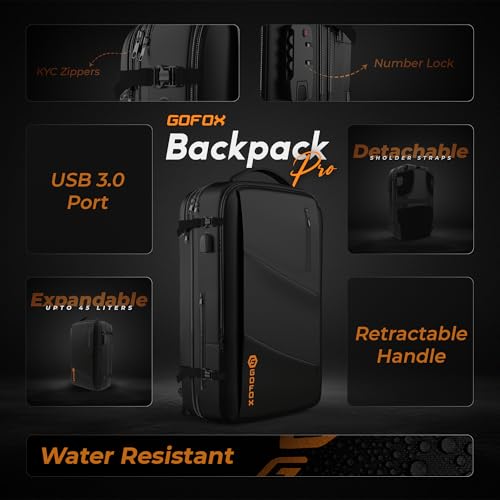 GoFox Premium Suitcase Laptop Backpack for Travelling | Expandable 45L | USB Charging | 17'' Anti-Theft with Number Lock | 3-in-1 Organised & Durable Bag Packer for Men & Women | Black - Image 5