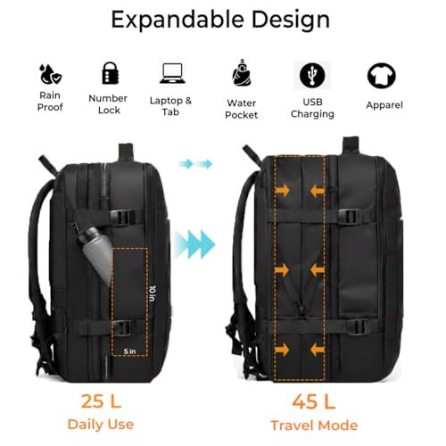 GoFox Premium Suitcase Laptop Backpack for Travelling | Expandable 45L | USB Charging | 17'' Anti-Theft with Number Lock | 3-in-1 Organised & Durable Bag Packer for Men & Women | Black - Image 2