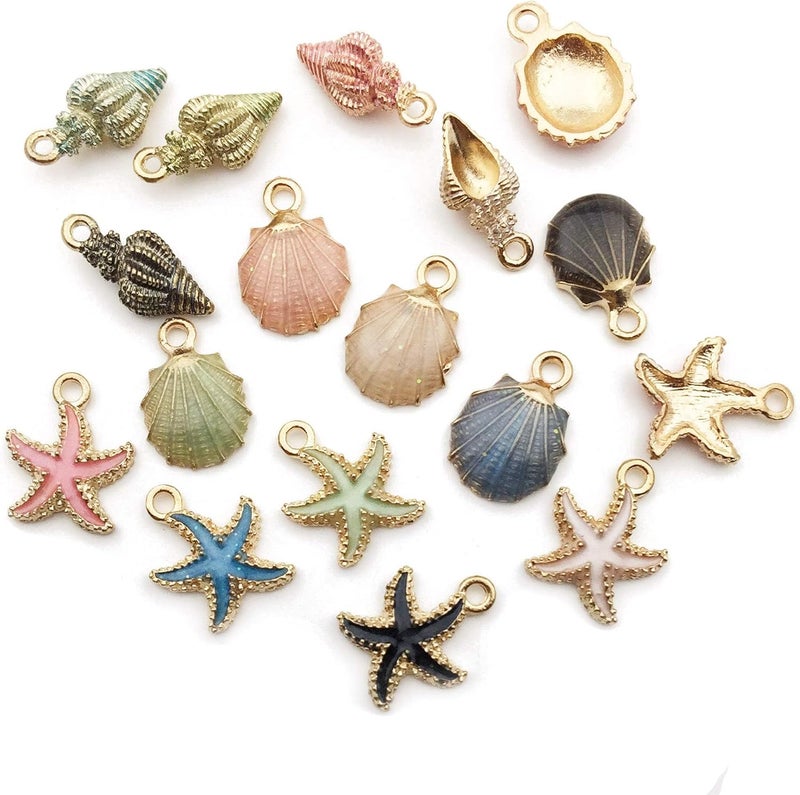 Excefore 30PCS Gold Plated Enamel Ocean Charms, Assorted Starfish, Conch Shell Pendants for DIY Jewelry Making, Ideal for Necklaces, Bracelets, Earrings, and Craft Accessories - Image 1