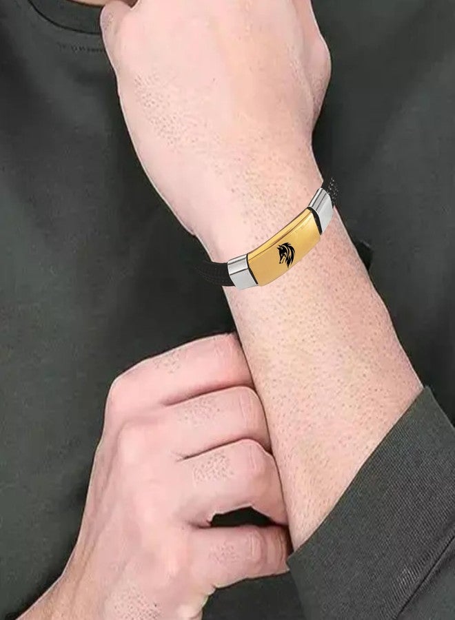 M Men Style سوار رجالي بتصميم ذئب جانبي - مطلي بالذهب على سوار أسود من الحبل | إكسسوار معصم ألفا سبيريت SBr2025593 - Image 5
