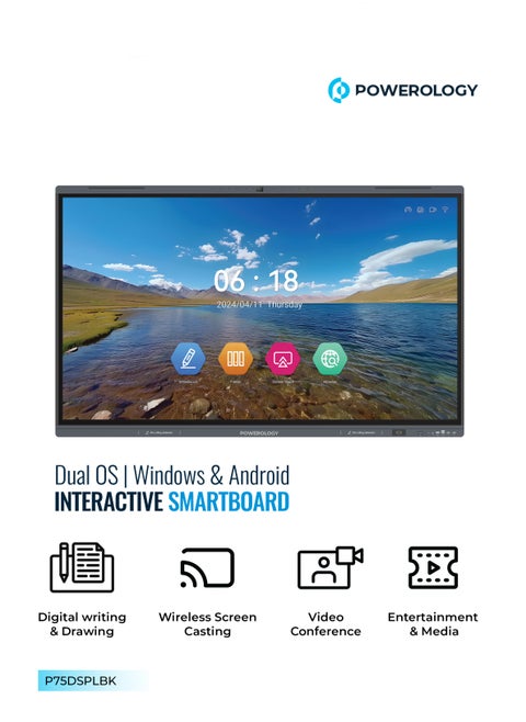 لوحة ذكية تفاعلية مقاس 75 بوصة بنظامي تشغيل Windows وAndroid وكاميرا مدمجة بدقة 48 ميجابكسل / 4K Ultra HD / ترفيه ووسائط بث الشاشة لاسلكيًا / مؤتمرات الفيديو / مكبر صوت / الكتابة والرسم الرقمي - أسود