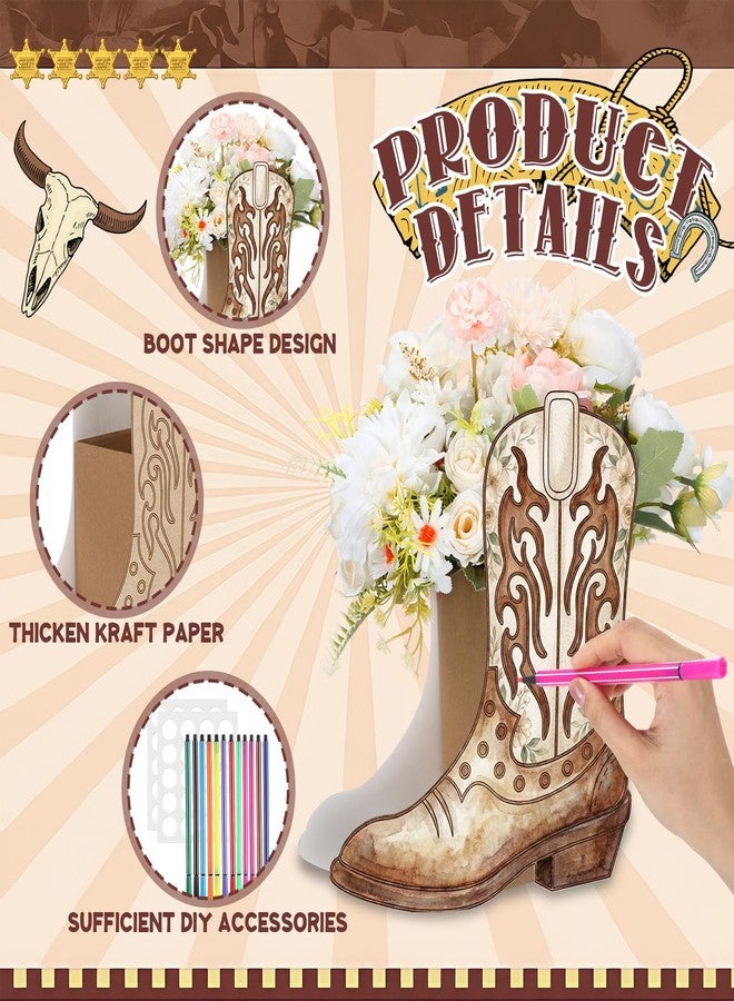 Dunzoom 8 Set DIY Western Cowboy Boots Flower Boxes Crafts Western Cowgirl Centerpiece for Table Cowboy Boot Scratch Art Kit Cowgirl Flower Boxes to Paint Wedding Birthday Party Supplies(Brown) - Image 4
