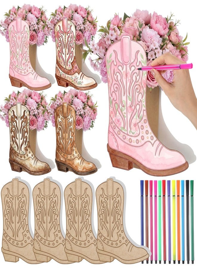 Dunzoom 8 Set DIY Western Cowboy Boots Flower Boxes Crafts Western Cowgirl Centerpiece for Table Cowboy Boot Scratch Art Kit Cowgirl Flower Boxes to Paint Wedding Birthday Party Supplies(Brown) - Image 1