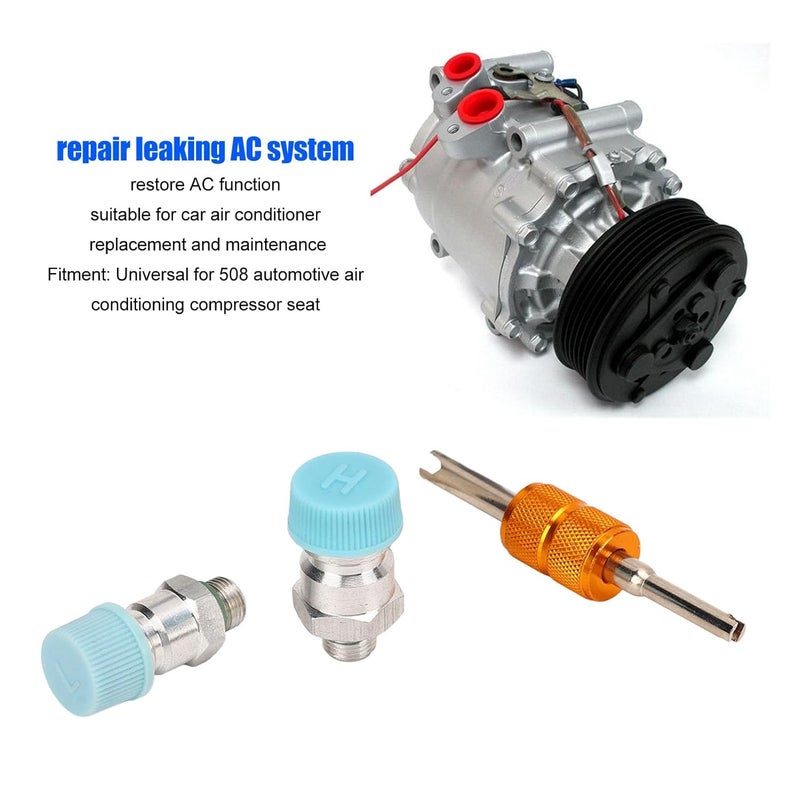 3pcs Air Conditioning Valve Core Kit, Universal AC System Seal Caps for 508 Car AC Compressor Seat, Metal Valve Core Replacement with Leak Repair Function - Image 3