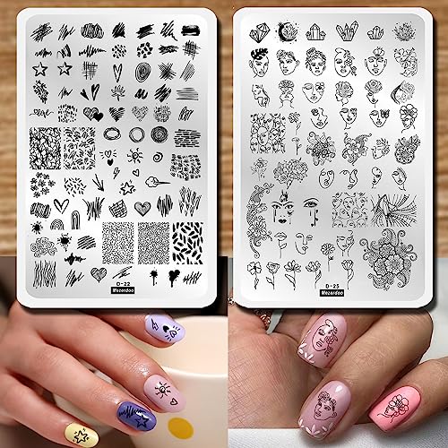 Mezerdoo Abstract Lady Face Pattern Nail Stamping Plates Set 2pcs Flower Leaf Graffiti Fun Nail Stamper Plate Figure Rose Star Heart Nail Stamp Plates Geometry Graffiti Striped Nails Art Template Plates Mold - Image 1