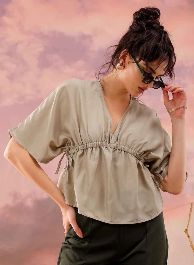 Freehand Freehand Women Grey Flared Top with Elastic Band Detail