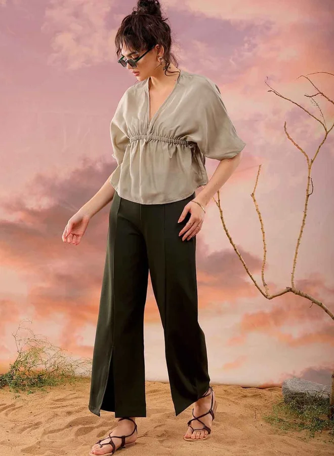 Freehand Freehand Women Grey Flared Top with Elastic Band Detail