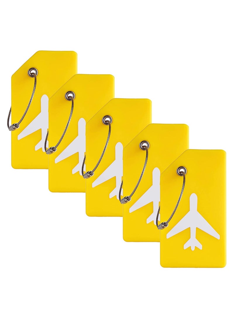 5 Pack Silicone Luggage Tags with Name ID Card - Bright Yellow Anti-Lost Tags for Easy Luggage Identification, Includes Stainless Steel Loops - Image 1