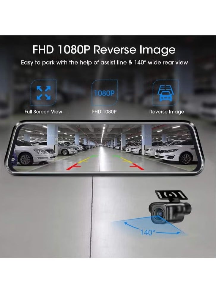 AROAQ Mirror Dash Cam, 1080p 9.66''  Rear View Mirror Camera, 170°wide Angle Full Touch Screen Front And Rear View Backup Camera For Car, Car Drive Recorder With GPS Loop Recording And Parking Assistance - Image 2