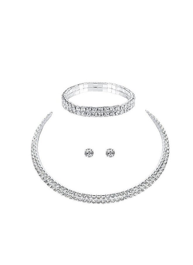 yongsheng Double Row Rhinestone Inlay Jewellery Set，Silver Iced Out Diamond Tennis Chain Necklace for Men Women, Rhinestone Tennis Necklaces for Women and Teens  - Image 1