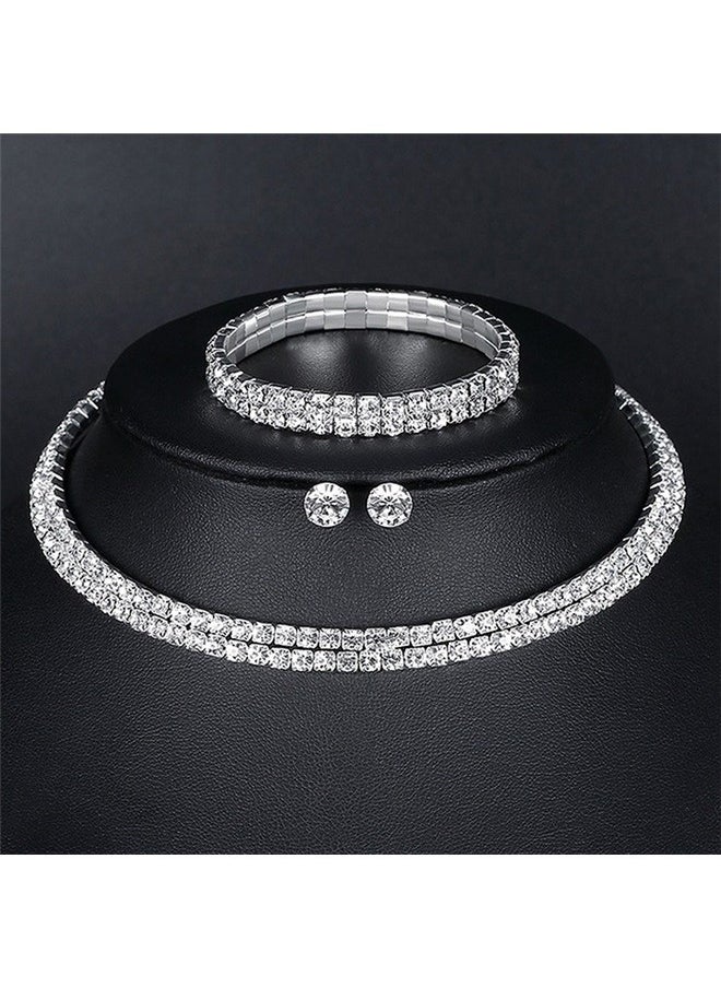 yongsheng Double Row Rhinestone Inlay Jewellery Set，Silver Iced Out Diamond Tennis Chain Necklace for Men Women, Rhinestone Tennis Necklaces for Women and Teens  - Image 2