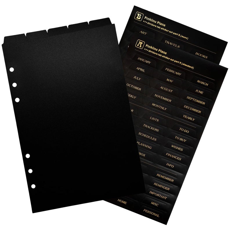 DY.2ten Black Dividers for 6 Ring Binder, 5 Top-Edge Index Tabs, A5 Sturdy Plastic Binder Divider, Insertable Notebook Planner Tab Dividers for Binders with 2-Stickers, Matte Black - Image 1