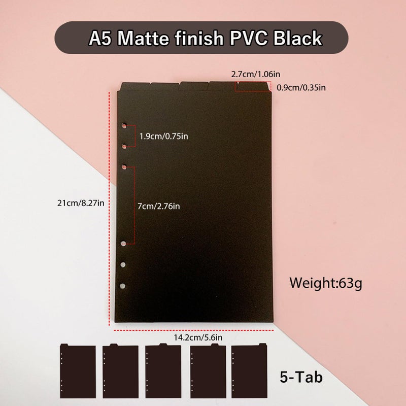 DY.2ten Black Dividers for 6 Ring Binder, 5 Top-Edge Index Tabs, A5 Sturdy Plastic Binder Divider, Insertable Notebook Planner Tab Dividers for Binders with 2-Stickers, Matte Black - Image 2