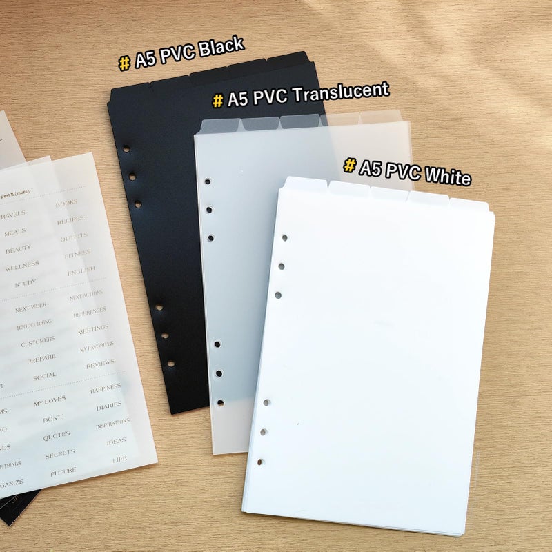 DY.2ten Black Dividers for 6 Ring Binder, 5 Top-Edge Index Tabs, A5 Sturdy Plastic Binder Divider, Insertable Notebook Planner Tab Dividers for Binders with 2-Stickers, Matte Black - Image 4