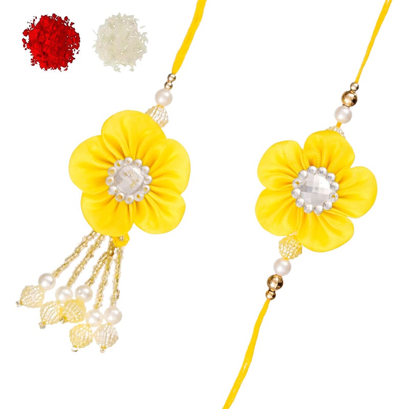 iinfinize Handmade Yellow Flower Lumba Rakhi For Brother Sister In Law Elegant With Kundan Beads For Raksha Bandhan With Roli Chawal - Image 1