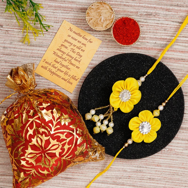 iinfinize Handmade Yellow Flower Lumba Rakhi For Brother Sister In Law Elegant With Kundan Beads For Raksha Bandhan With Roli Chawal - Image 2