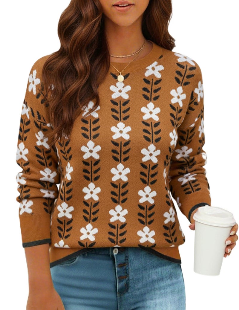 GraceSelect Womens Early Fall Knit Floral Printed Sweaters Brown Crewneck Cute Lightweight Pullover Clothing 2025 Fashion - Image 1
