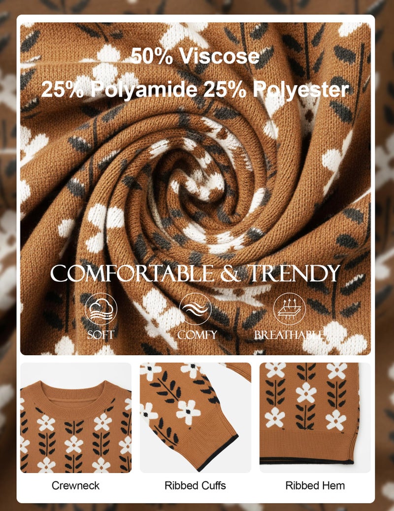GraceSelect Womens Early Fall Knit Floral Printed Sweaters Brown Crewneck Cute Lightweight Pullover Clothing 2025 Fashion - Image 5